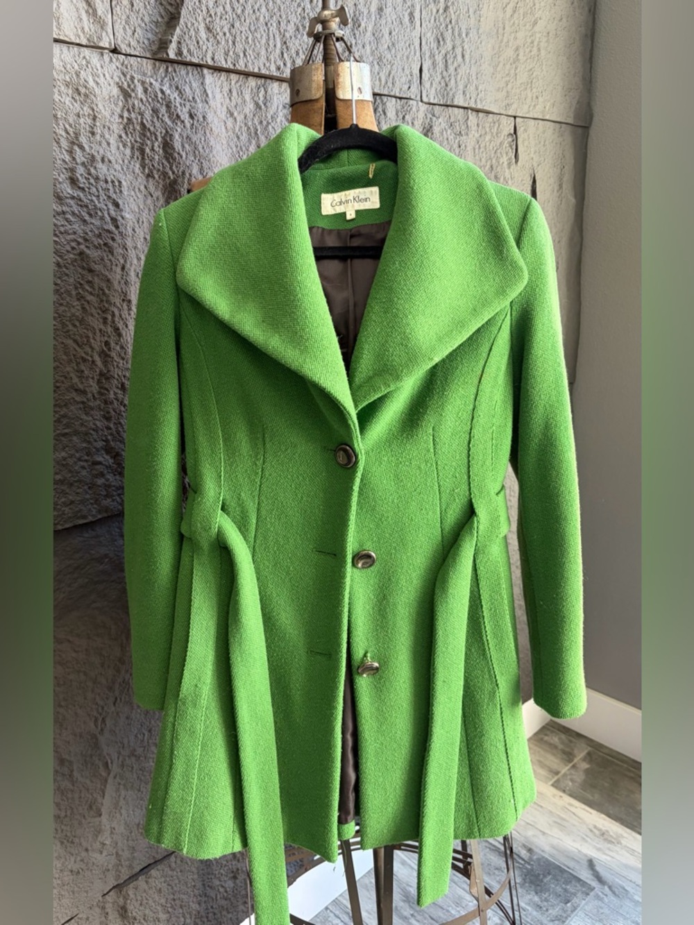 Calvin Klein Bright Green Wool-Blend Belted Pea Coat